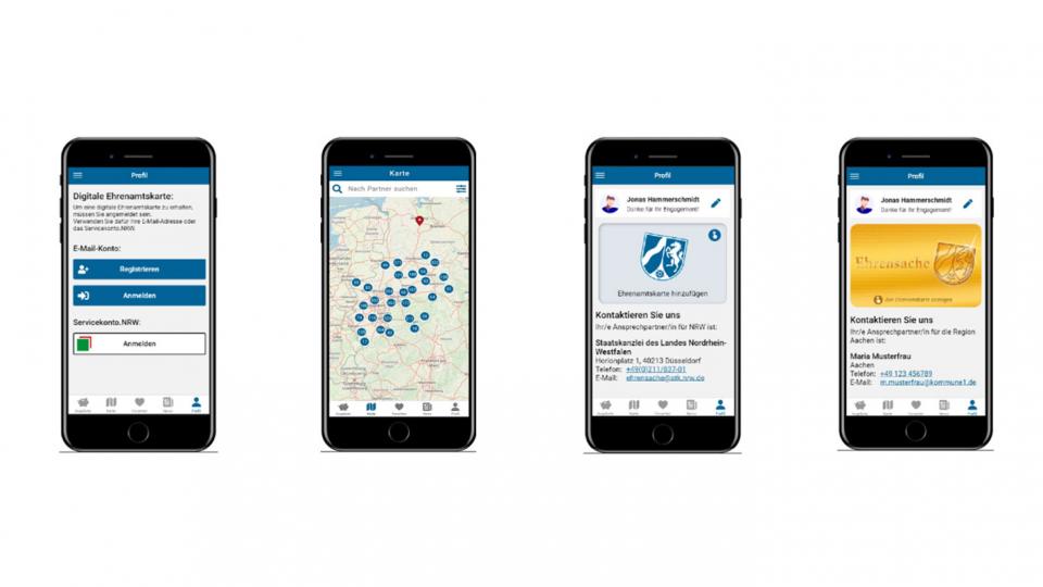 Screenshots der App zur Ehrenamtskarte NRW auf dem Smartphone