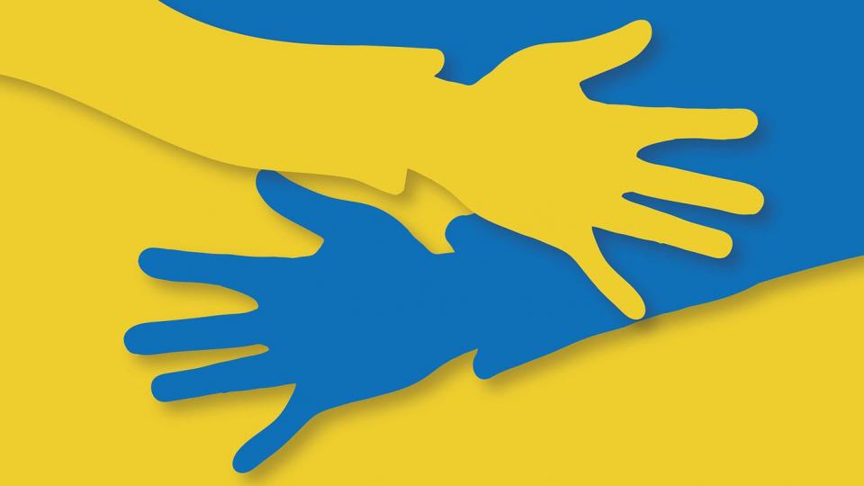 Ukraine-Flagge mit einer blauen und einer gelben Hand
