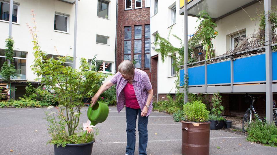Beginenhof – Frau giesst Blumen auf Hof