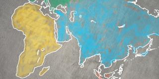 Ausschnitt einer gemalten Weltkarte, auf dem die Umrisse der Kontinente Afrika, Asien, Australien und Europa zu sehen sind.