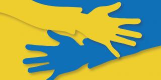 Ukraine-Flagge mit einer blauen und einer gelben Hand